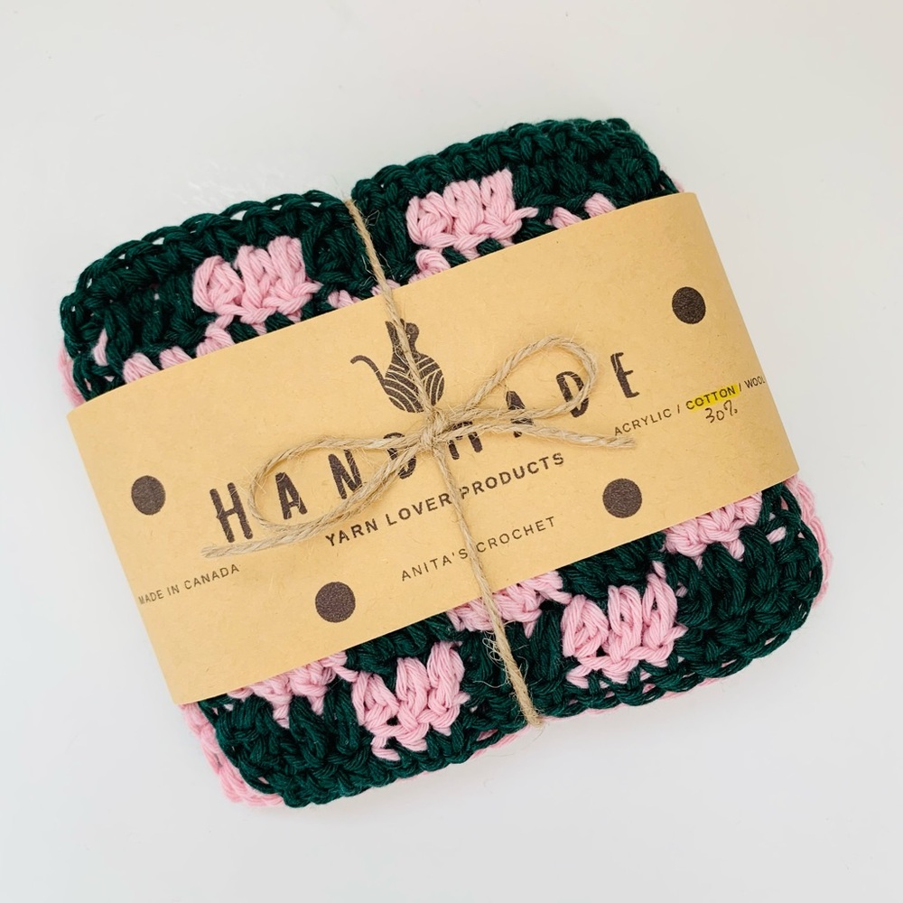 💗4 Handmade Crochet Coasters - Pink & Dark Green Set of 4